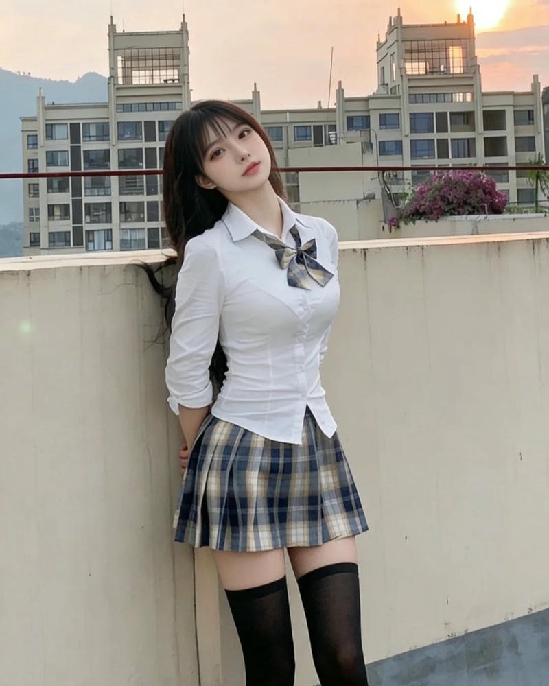 Cosplay nu sinh vay ngan dung tren san thuong